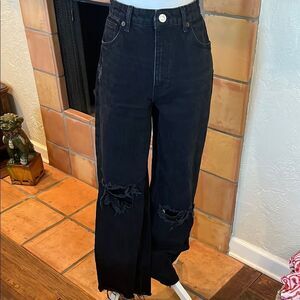 Zara Black Distressed High Waist Wide Leg Jeans, size 8